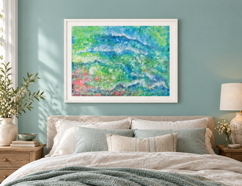 Illustrative interior mockup of Tiddle Tum by Iris Grace in a white frame, with a complementary room scene