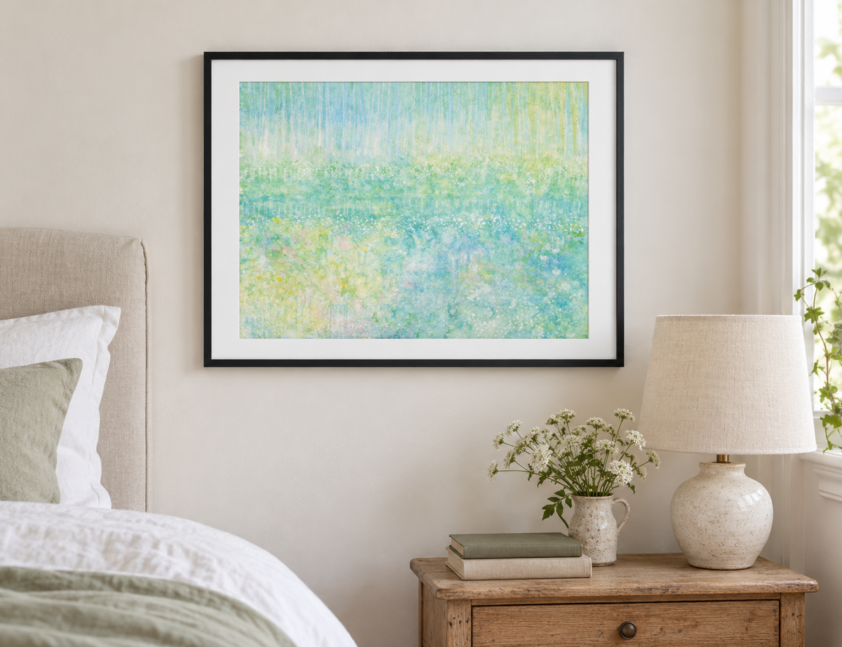 Illustrative room mockup of Tip-Toe by Iris Grace in a black frame