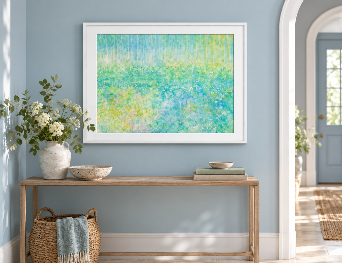 Illustrative interior mockup of Tip-Toe by Iris Grace in a white frame, with a complementary room scene