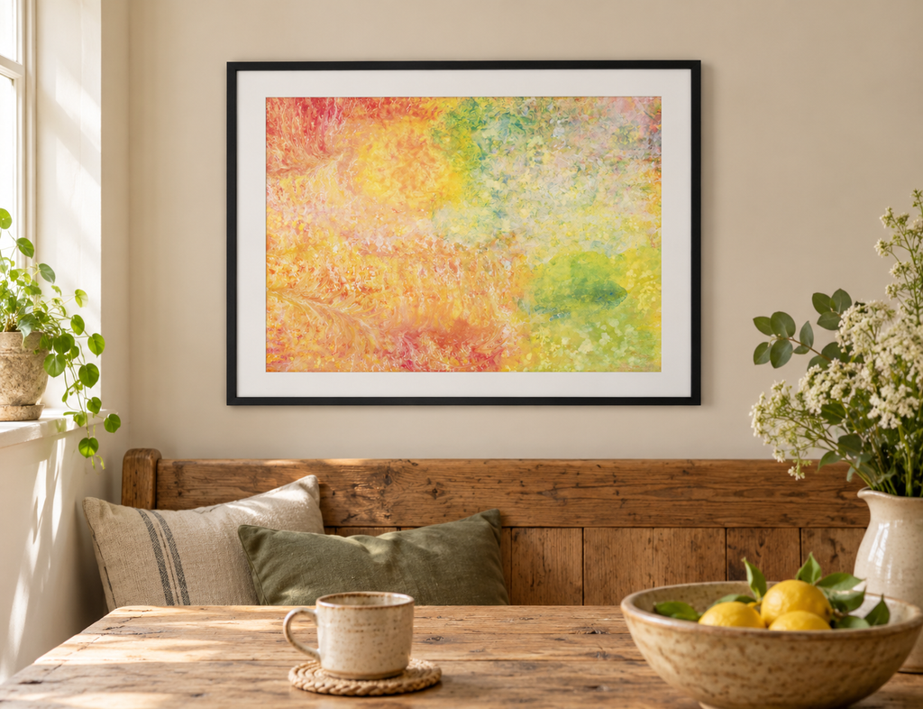 Illustrative room mockup of Trumpet by Iris Grace in a black frame