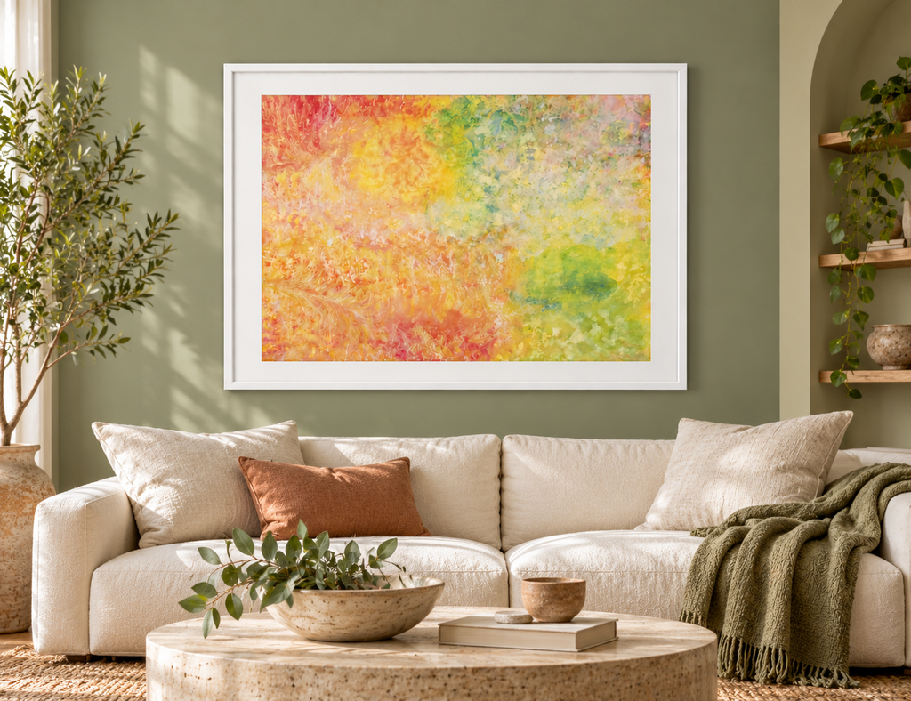 Illustrative interior mockup of Trumpet by Iris Grace in a white frame, with a complementary room scene