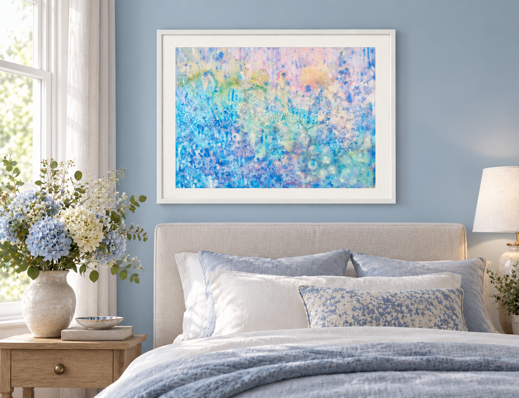 Illustrative interior mockup of Tuesday’s Child by Iris Grace in a white frame, with a complementary room scene