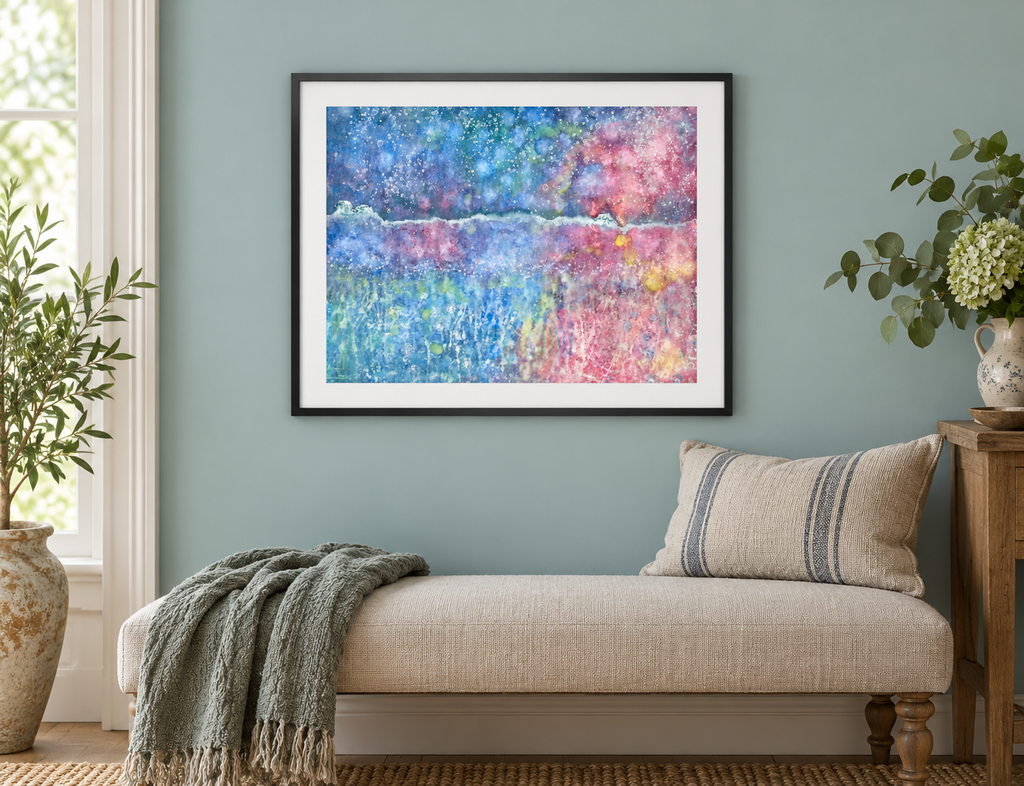 Illustrative room mockup of Tumpty Tum by Iris Grace in a black frame