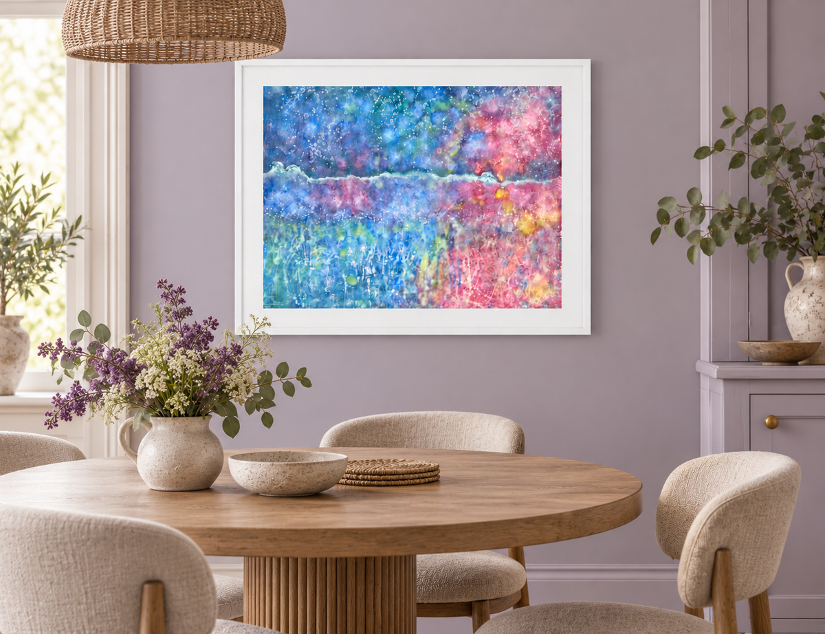 Illustrative interior mockup of Tumpty Tum by Iris Grace in a white frame, with a complementary room scene