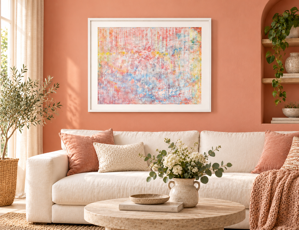 Illustrative interior mockup of Under the Harvest Moon by Iris Grace in a white frame, with a complementary room scene