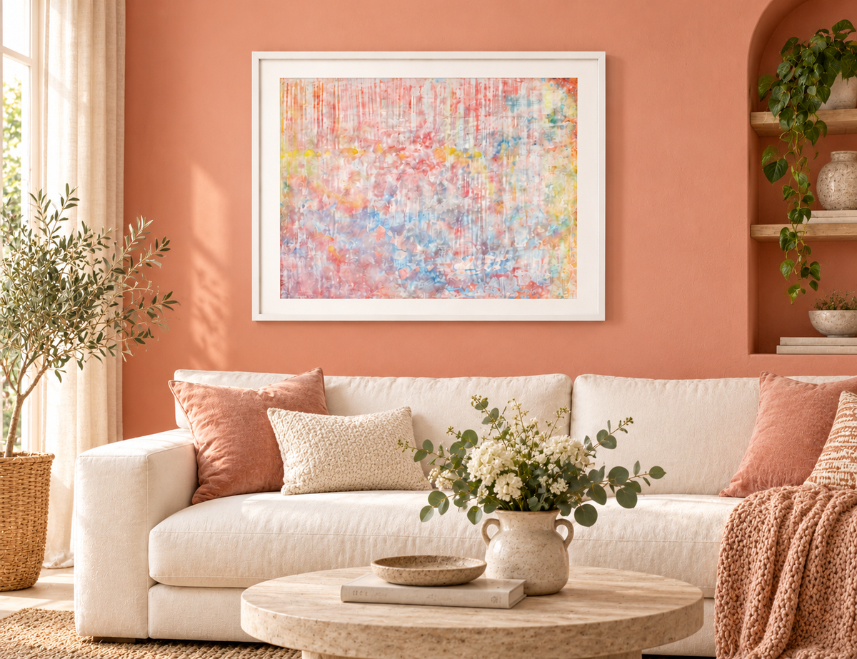 Illustrative interior mockup of Under the Harvest Moon by Iris Grace in a white frame, with a complementary room scene