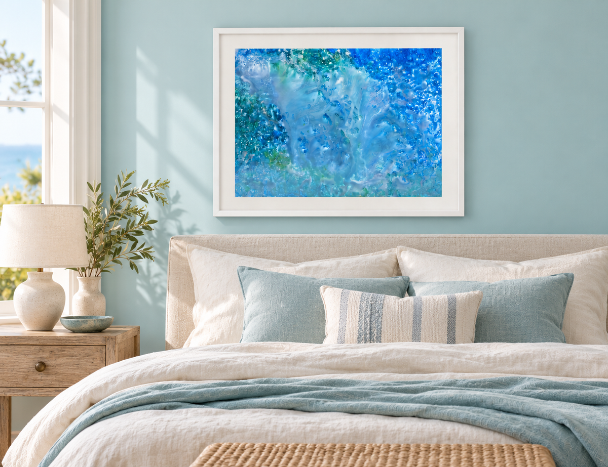 Illustrative interior mockup of Under the Sea by Iris Grace in a white frame, with a complementary room scene