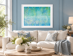 Illustrative interior mockup of Water Dance by Iris Grace in a white frame, with a complementary room scene