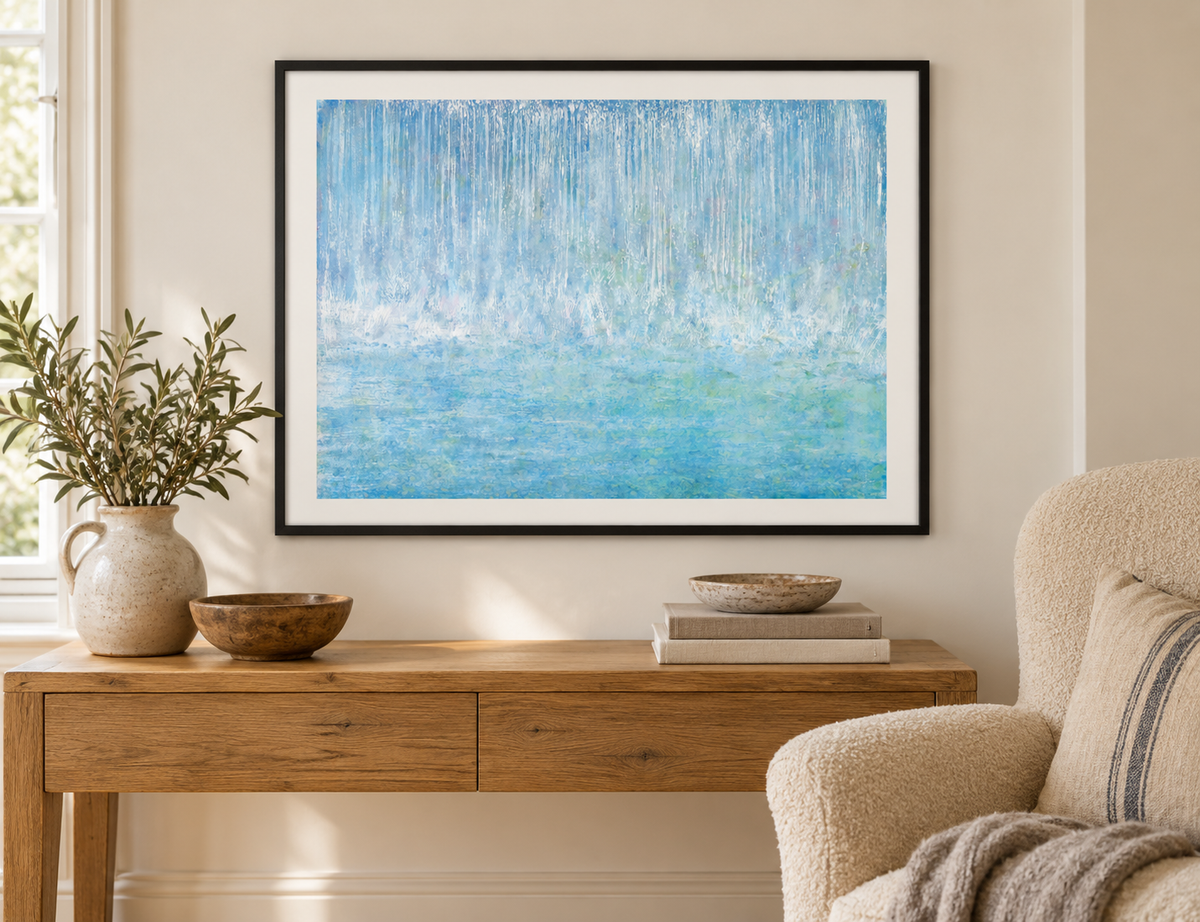 Illustrative room mockup of Waterfall Bounce by Iris Grace in a black frame
