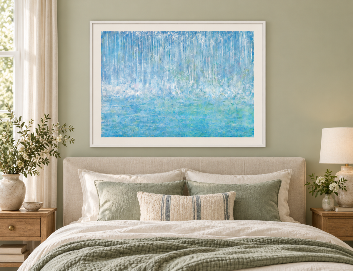 Illustrative interior mockup of Waterfall Bounce by Iris Grace in a white frame, with a complementary room scene
