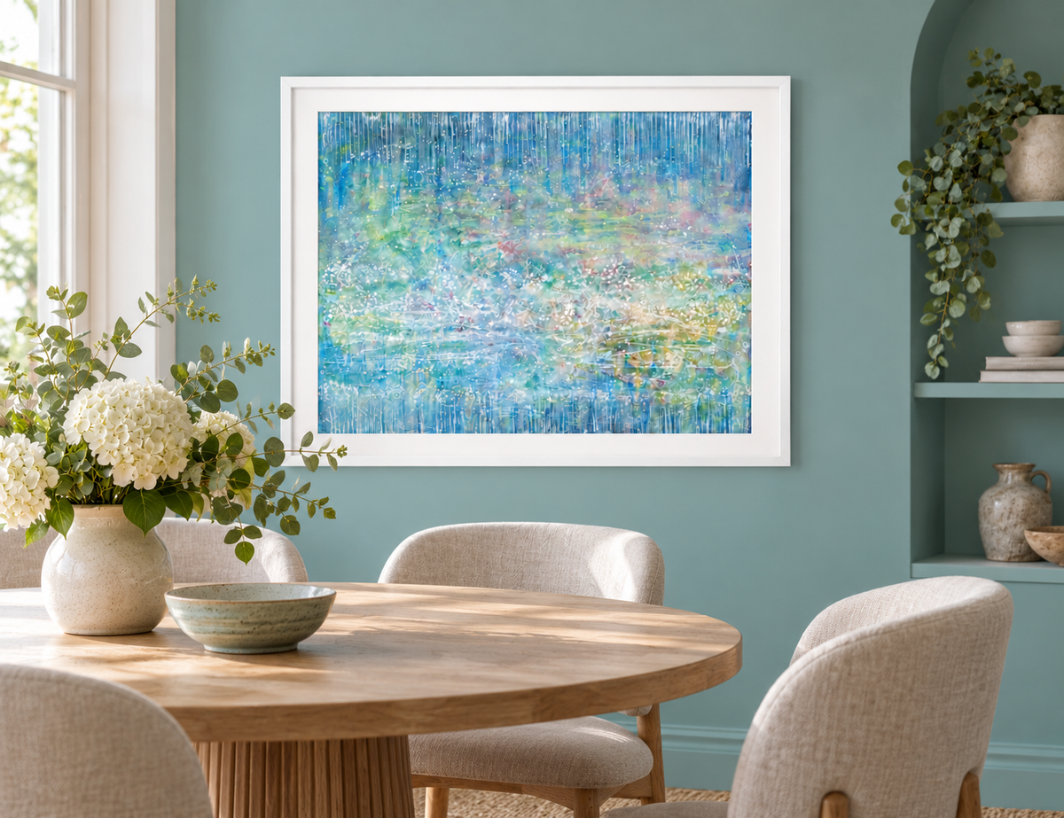 Illustrative interior mockup of Whisper by Iris Grace in a white frame, with a complementary room scene