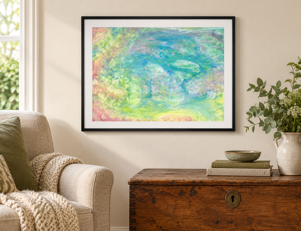 Illustrative room mockup of Willow Grace by Iris Grace in a black frame