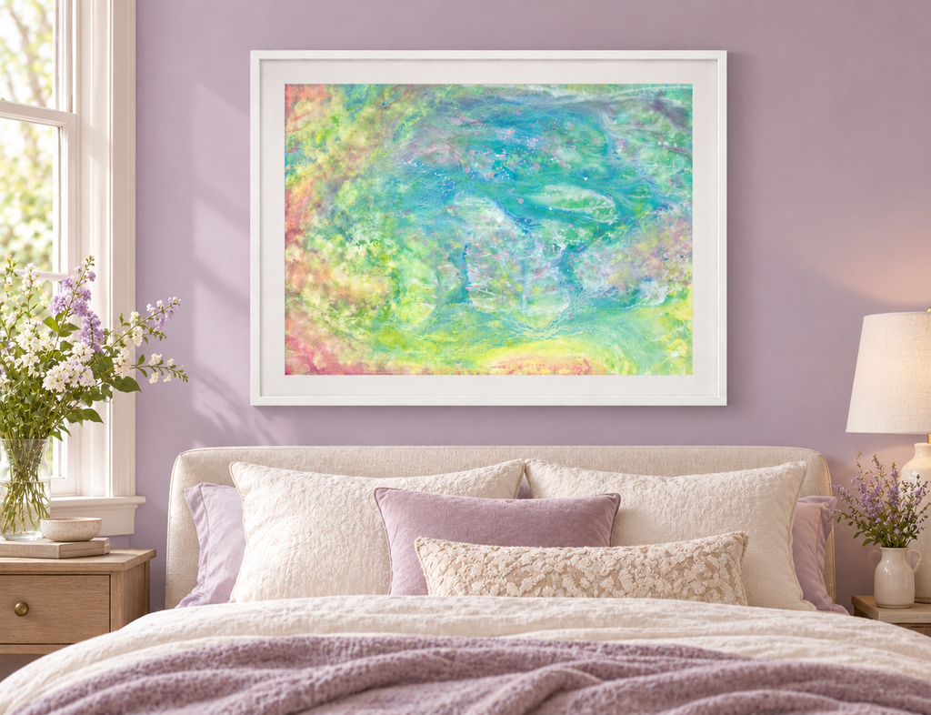 Illustrative interior mockup of Willow Grace by Iris Grace in a white frame, with a complementary room scene