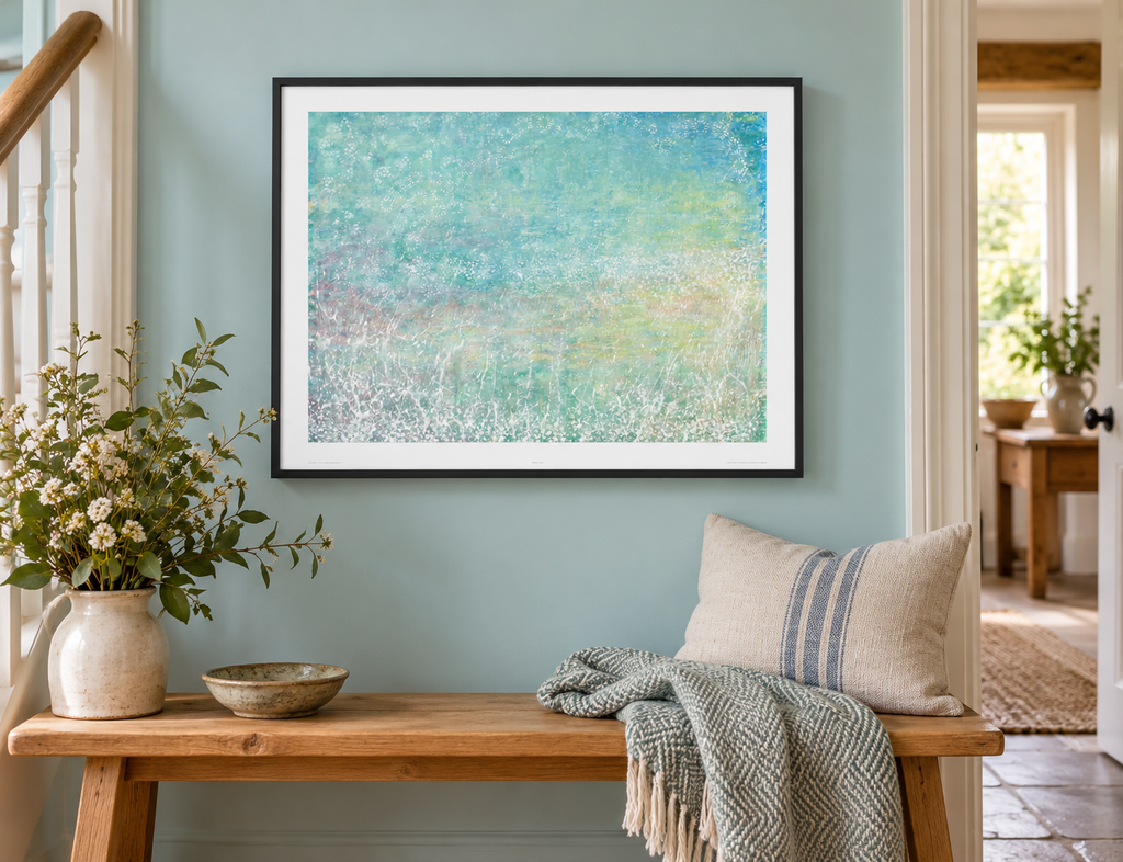 Illustrative room mockup of Willow Song by Iris Grace in a black frame