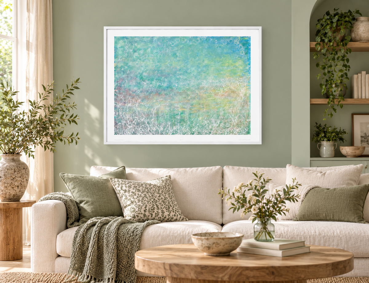 Illustrative interior mockup of Willow Song by Iris Grace in a white frame, with a complementary room scene