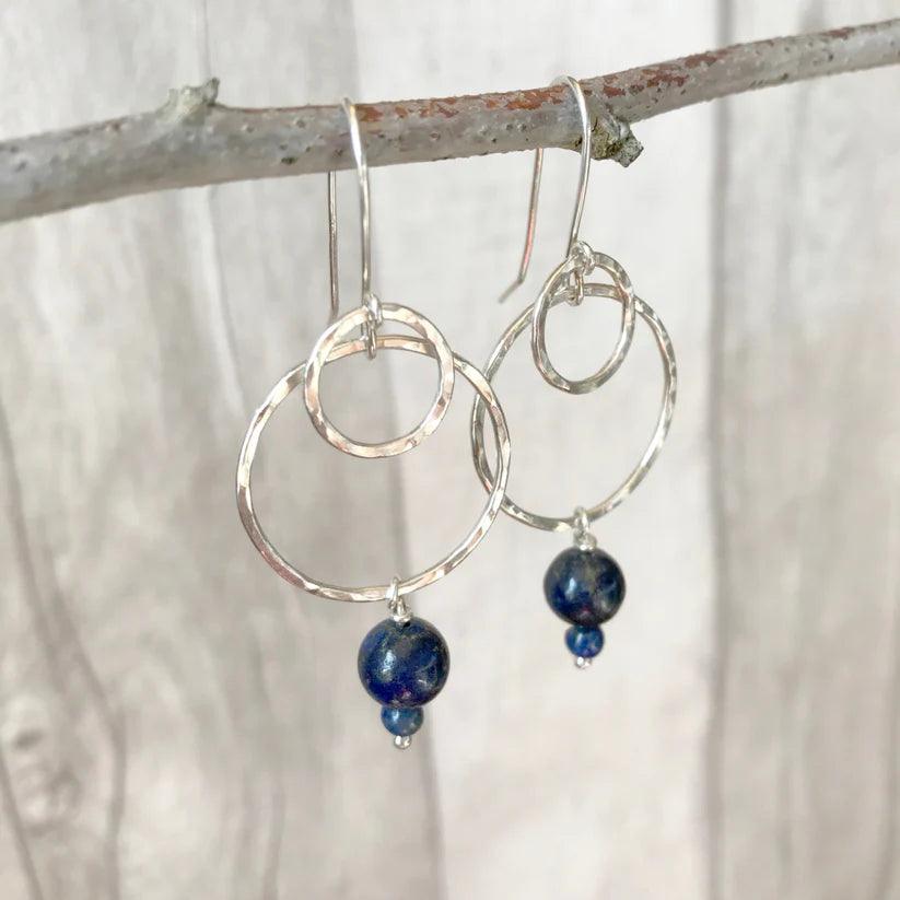 Zoe Ruth - Lapis Lazuli Stones & Hammered Silver Circle Earrings