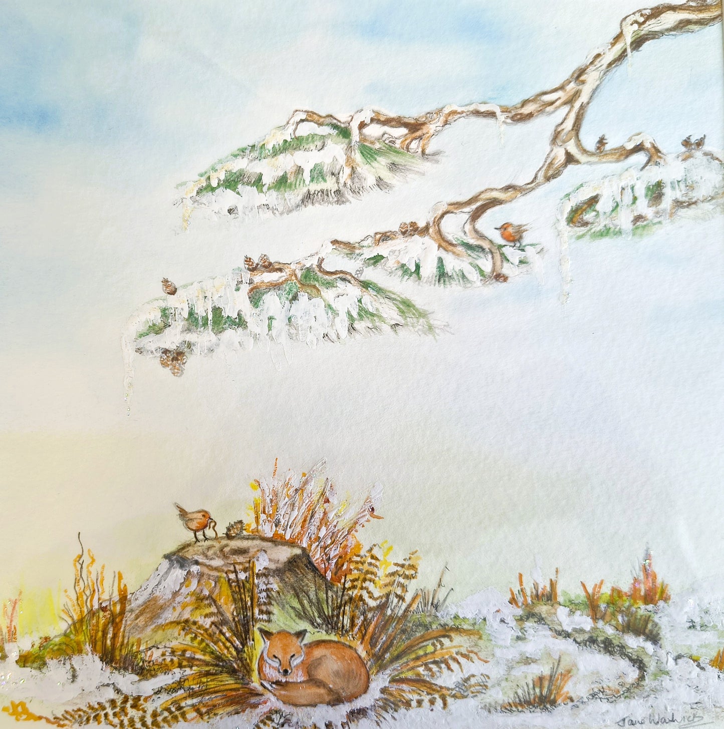 Jane Warwick - Little Red, Original Mounted pen, Ink and Watercolour