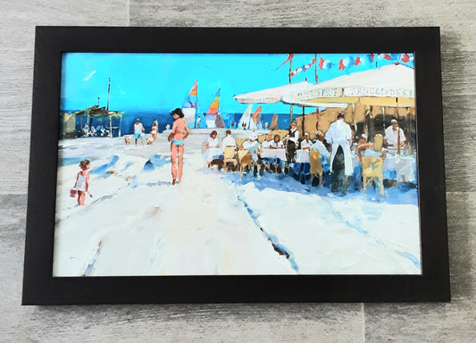 John Haskins art- 'Lunch at the Beach', Original Oil on Board, Framed
