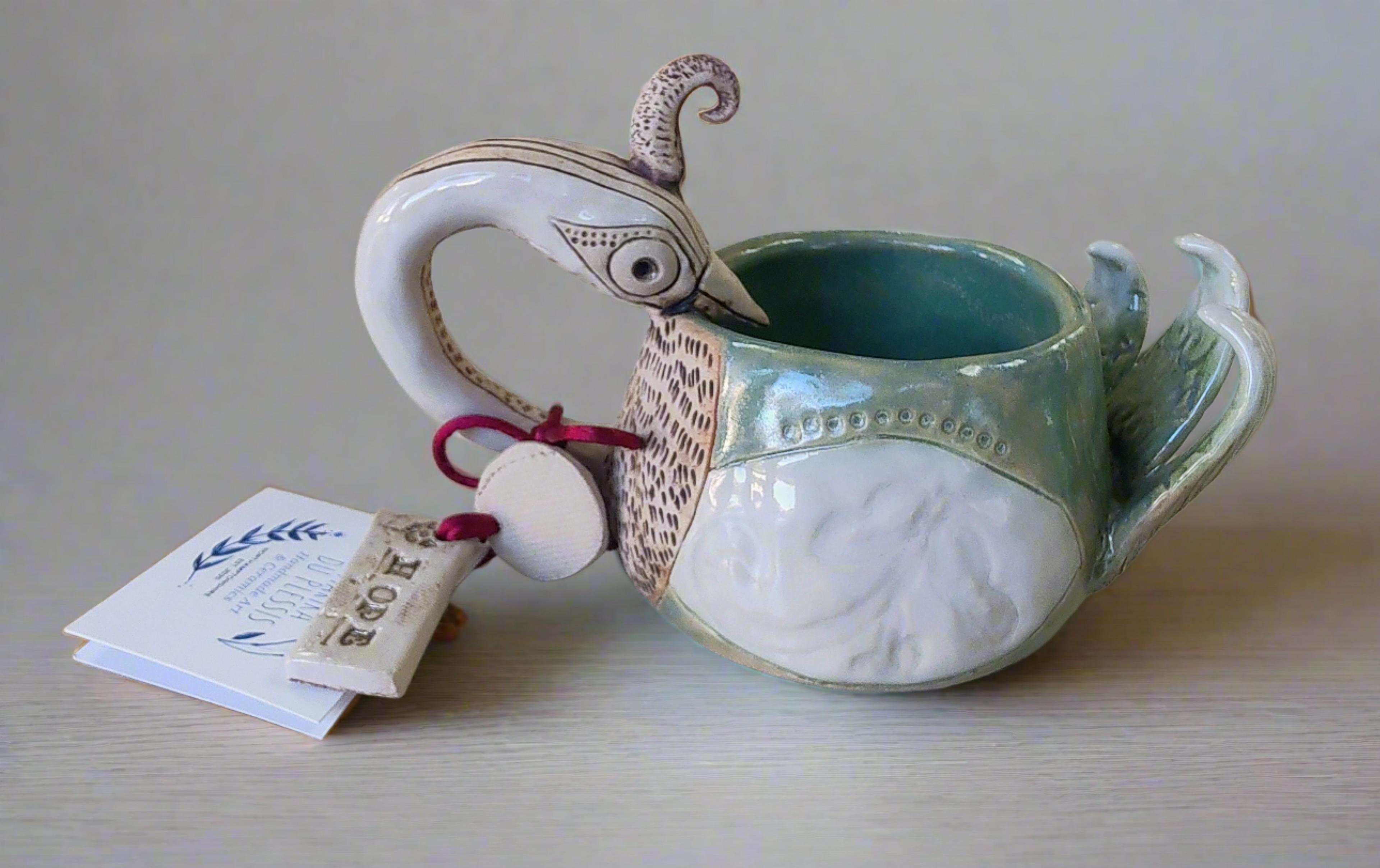 Marika Du Plessis- Bird Coffee Cup, Green and Cream - Primrose Gallery and Framing 
