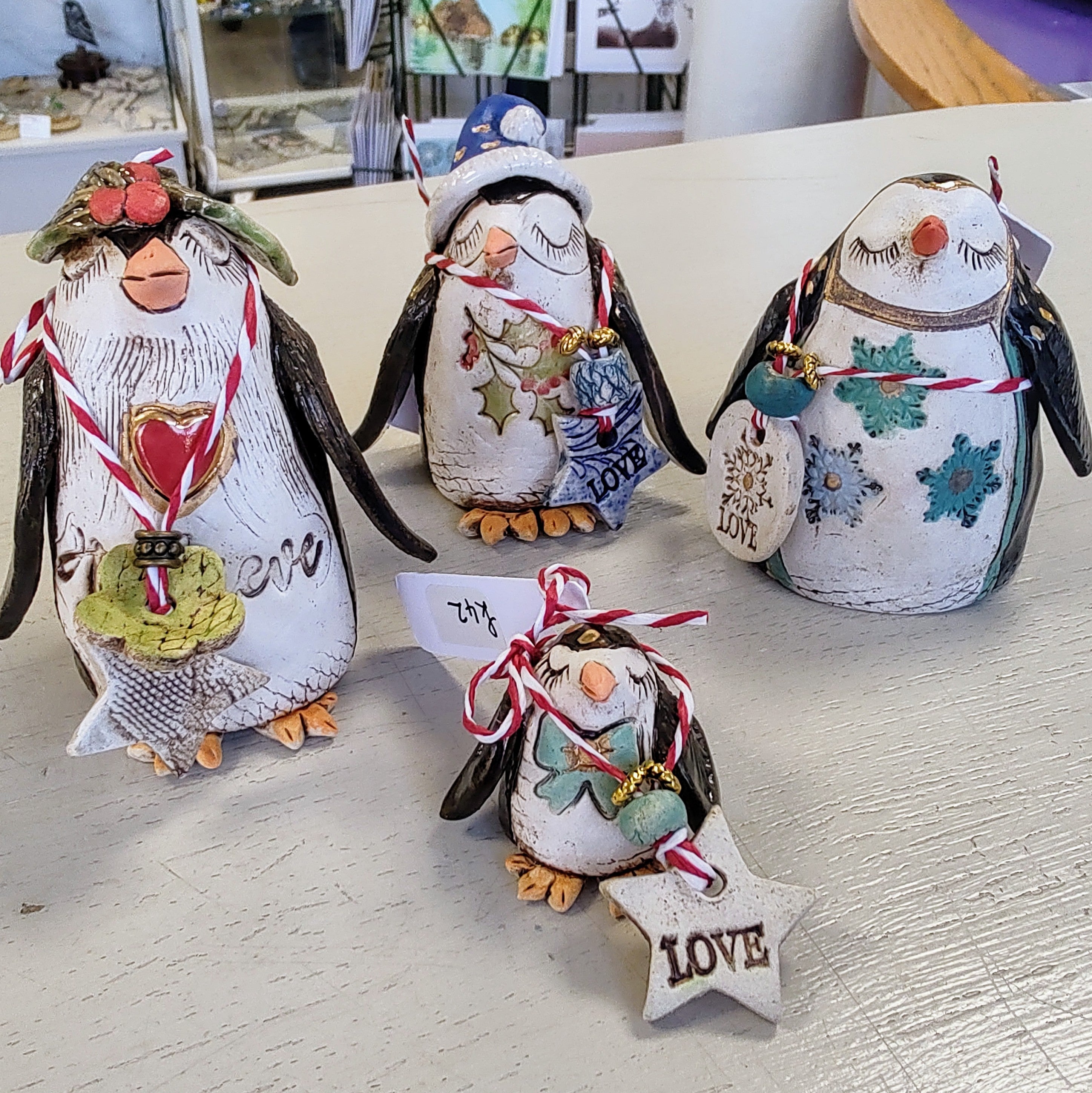 Marika Du Plessis- Quirky Penguin, Ceramic Christmas Decoration, Blue Hat - Primrose Gallery and Framing 