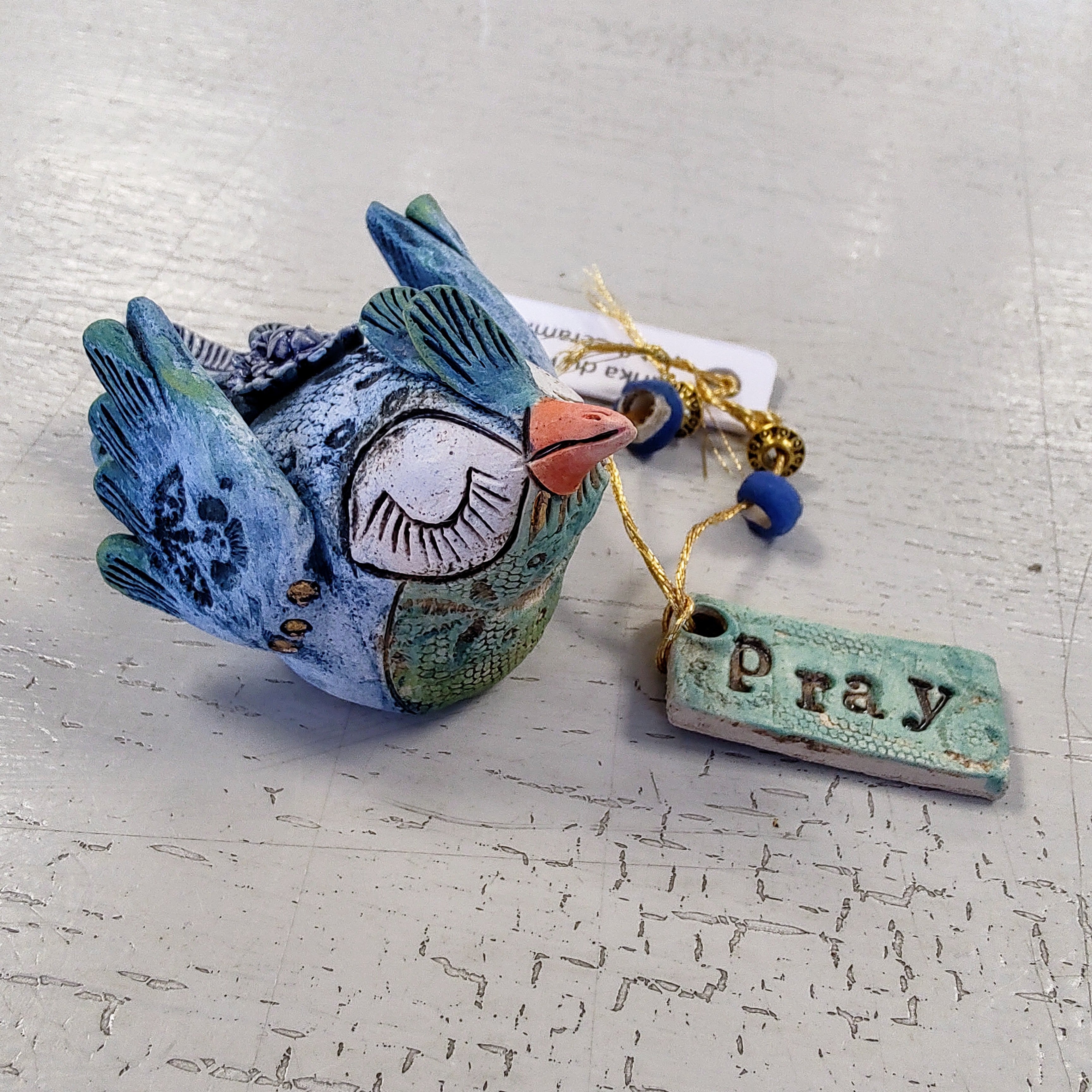 Marika Du Plessis- Quirky Bird, Ceramic Sculpture, Mini Pray - Primrose Gallery and Framing 