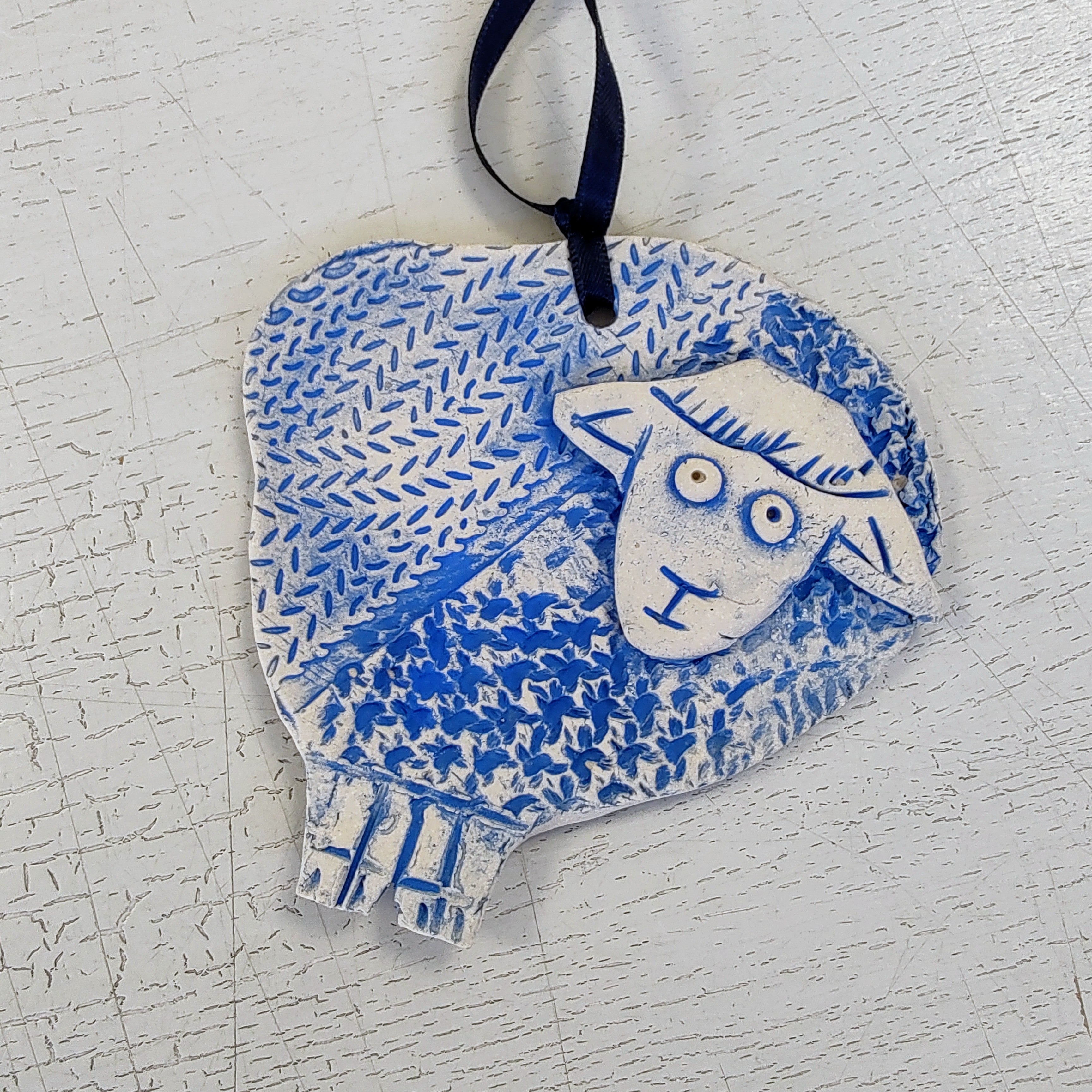 Dawn Isaac- Ceramic Hanging Sheep, Blue - Primrose Gallery and Framing 
