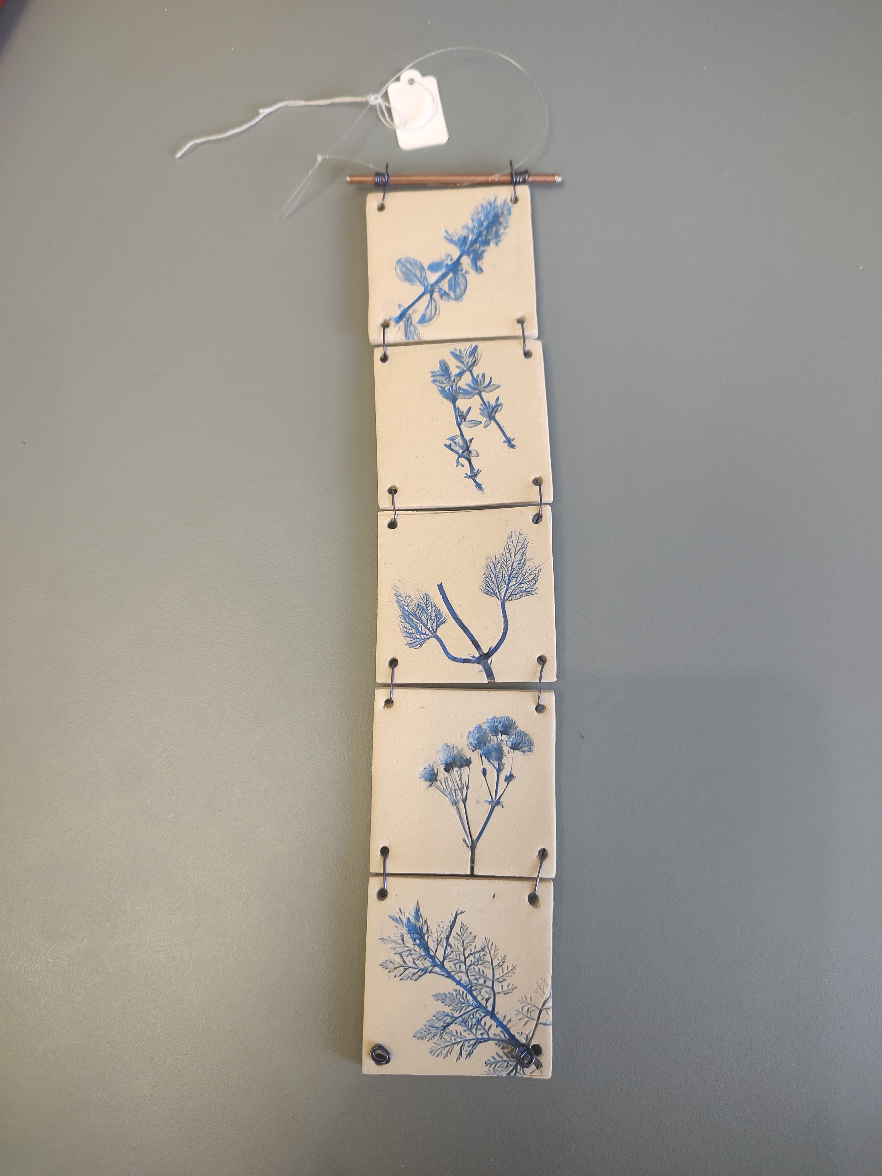 Dawn Isaac- Nature Inspired Impressed Ceramic Hanging Tiles, 5 Tile Blue - Primrose Gallery and Framing 