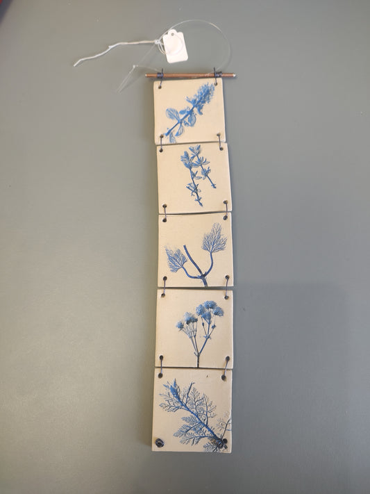 Dawn Isaac- Nature Inspired Impressed Ceramic Hanging Tiles, 5 Tile Blue