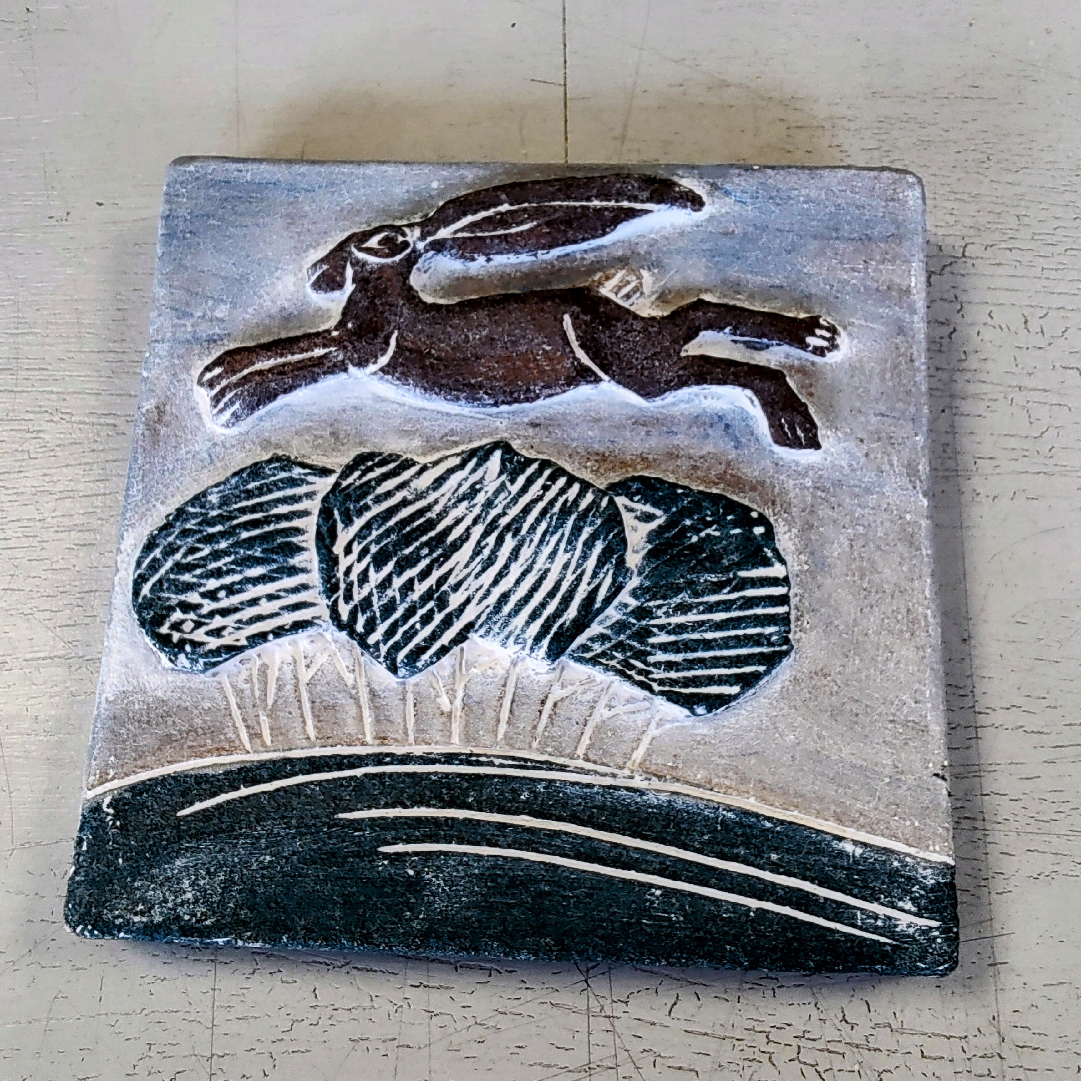 Dawn Isaac- Ceramic Hanging Plaque - Leaping Hare - Primrose Gallery and Framing 