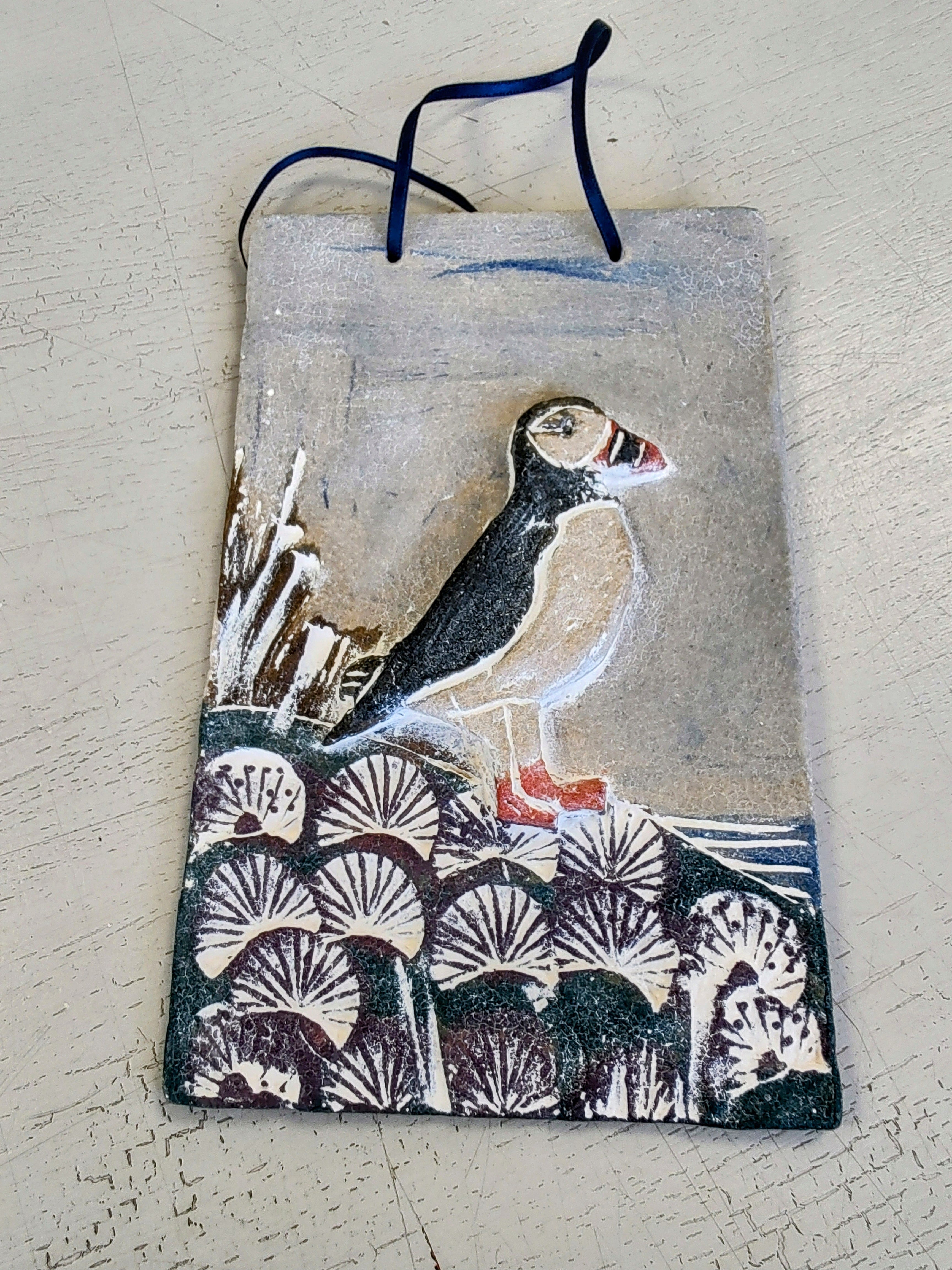 Dawn Isaac- Bird Ceramic Hanging Plaque - Puffin - Primrose Gallery and Framing 