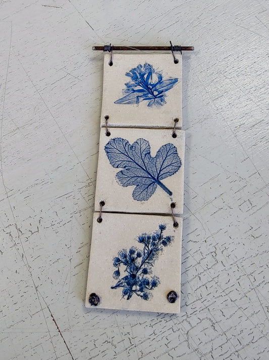 Dawn Isaac- Nature Inspired Impressed Ceramic Hanging Tiles, 3 Tile Blue #2