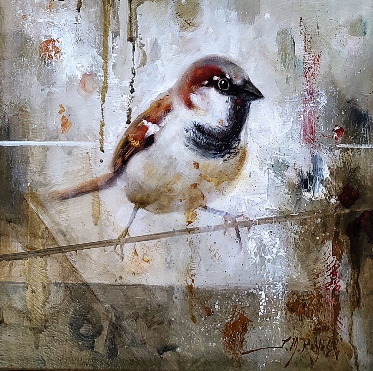 Reyes, M - Sparrow, Original Framed Oil on Board