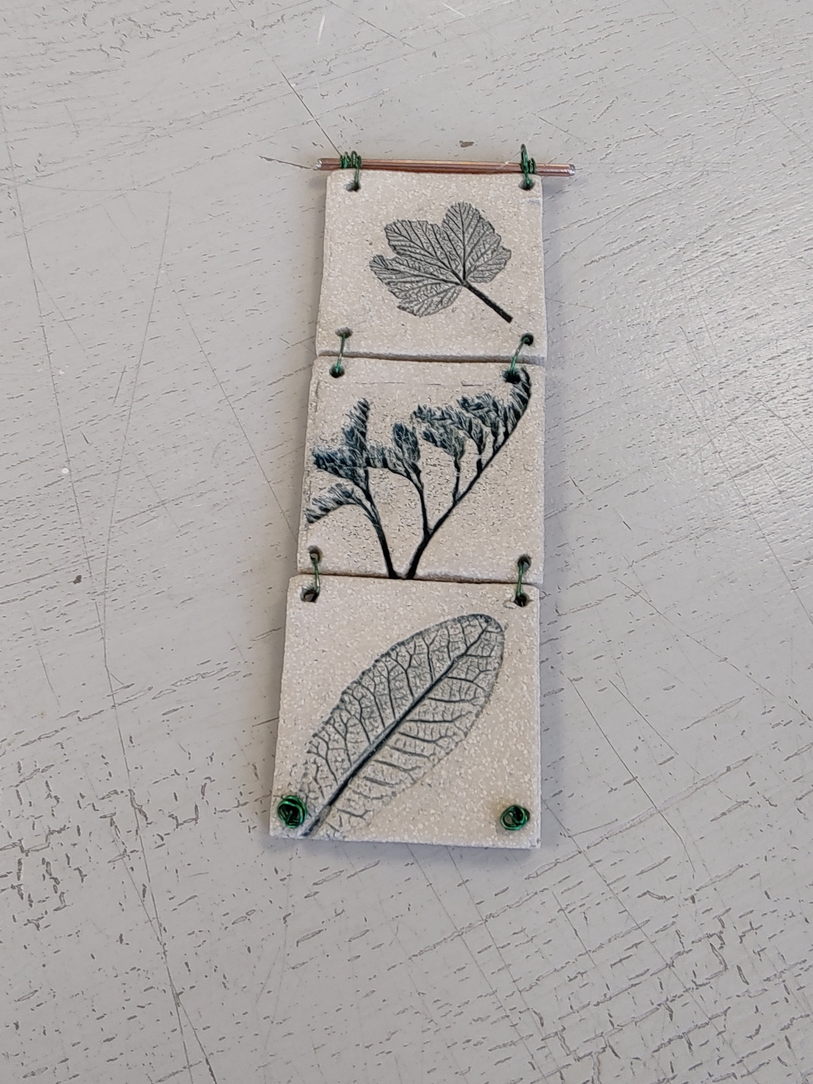 Dawn Isaac- Nature Inspired Impressed Ceramic Hanging Tiles, 3 Tile Green - Primrose Gallery and Framing 