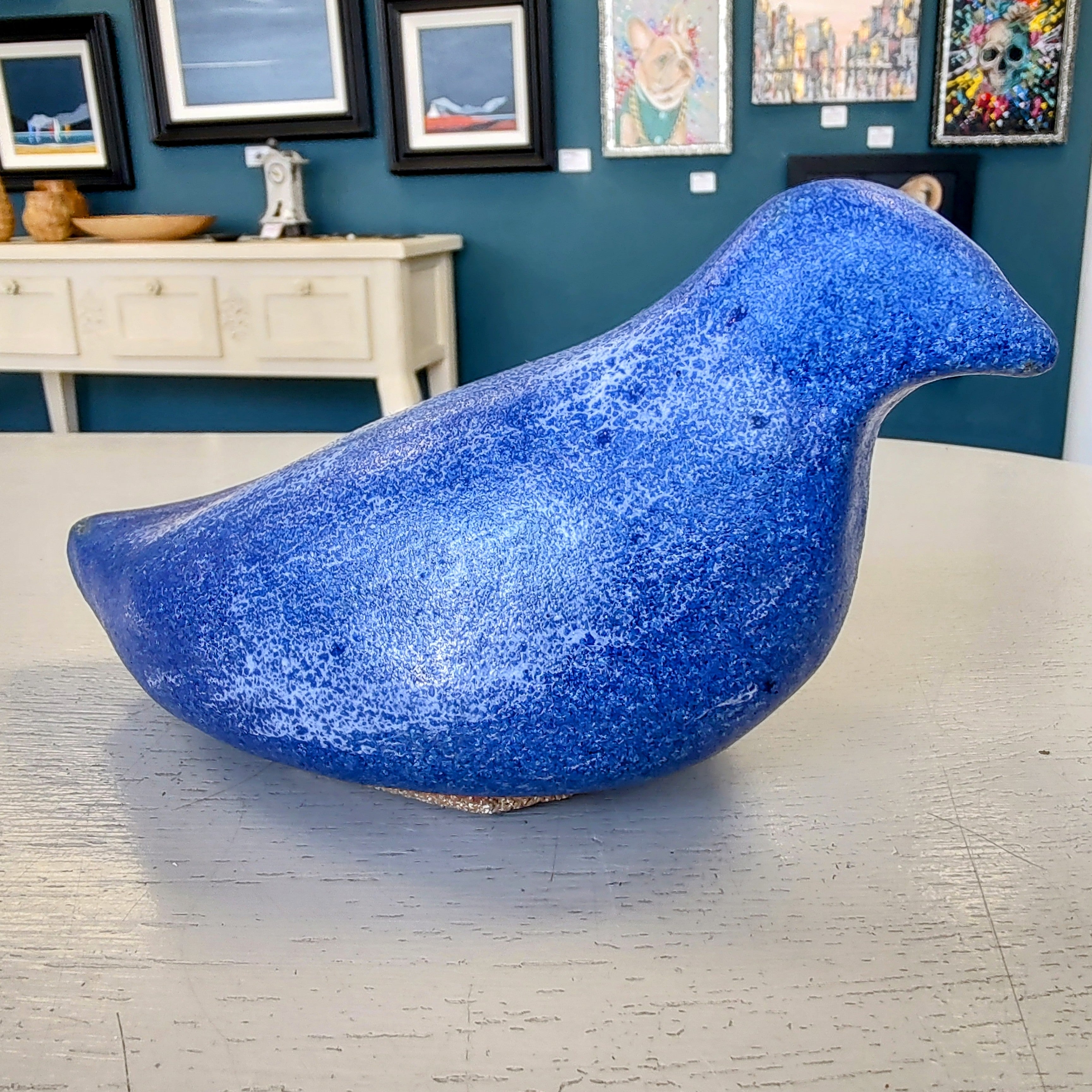 Dawn Isaac- Glazed Blue Ceramic Outdoor Bird - Primrose Gallery and Framing 