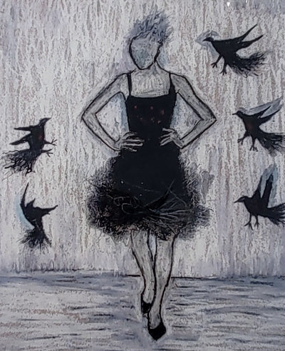 Pauline Wood- Woman with Crows, Mounted Mixed Media Printmaking - Primrose Gallery and Framing 