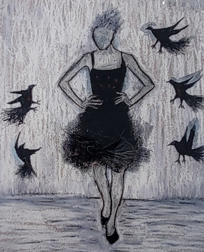 Pauline Wood- Woman with Crows, Mounted Mixed Media Printmaking