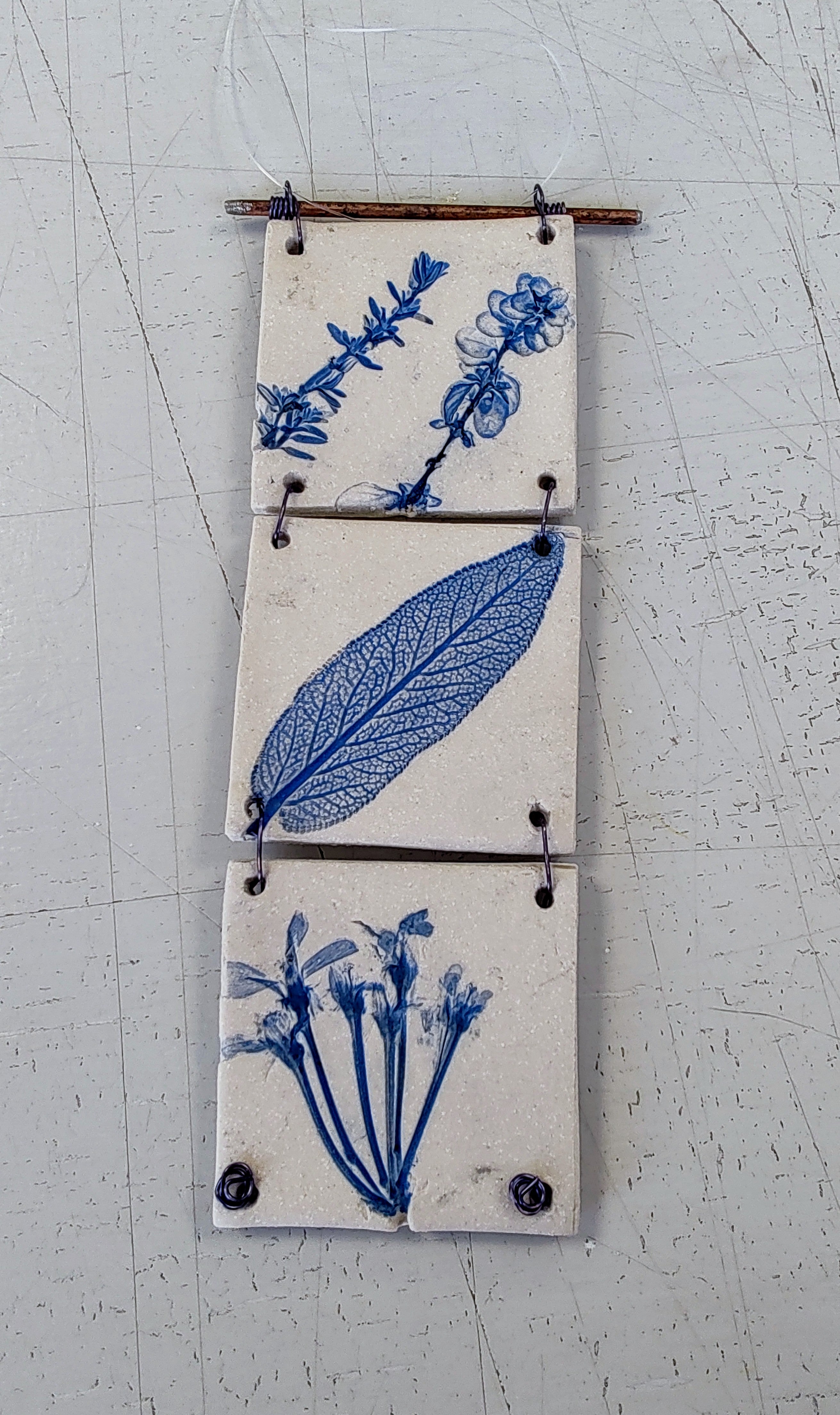 Dawn Isaac- Nature Inspired Impressed Ceramic Hanging Tiles, 3 Tile Blue #1 - Primrose Gallery and Framing 