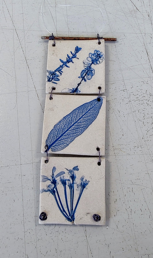Dawn Isaac- Nature Inspired Impressed Ceramic Hanging Tiles, 3 Tile Blue #1
