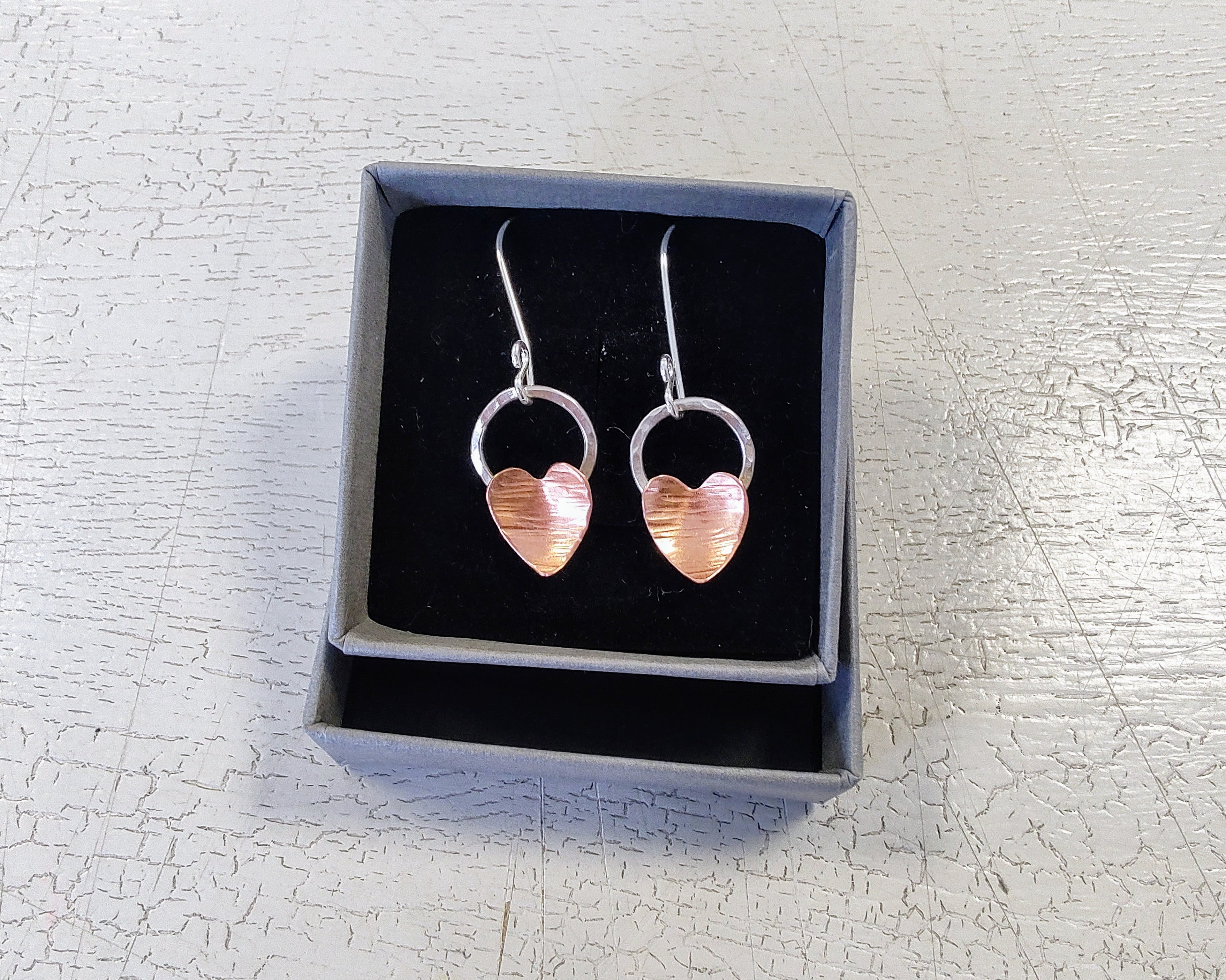 Zoe Ruth- Silver and Copper Heart Drop Earrings - Primrose Gallery and Framing 
