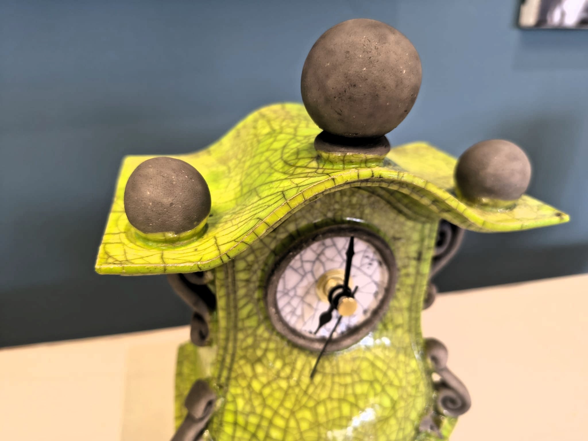 Stonesplitter- Small Lime Green round top Raku Clock - Primrose Gallery and Framing 