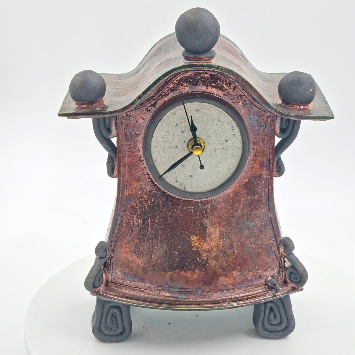 Copper A raku clock — mouse on the right, view 1