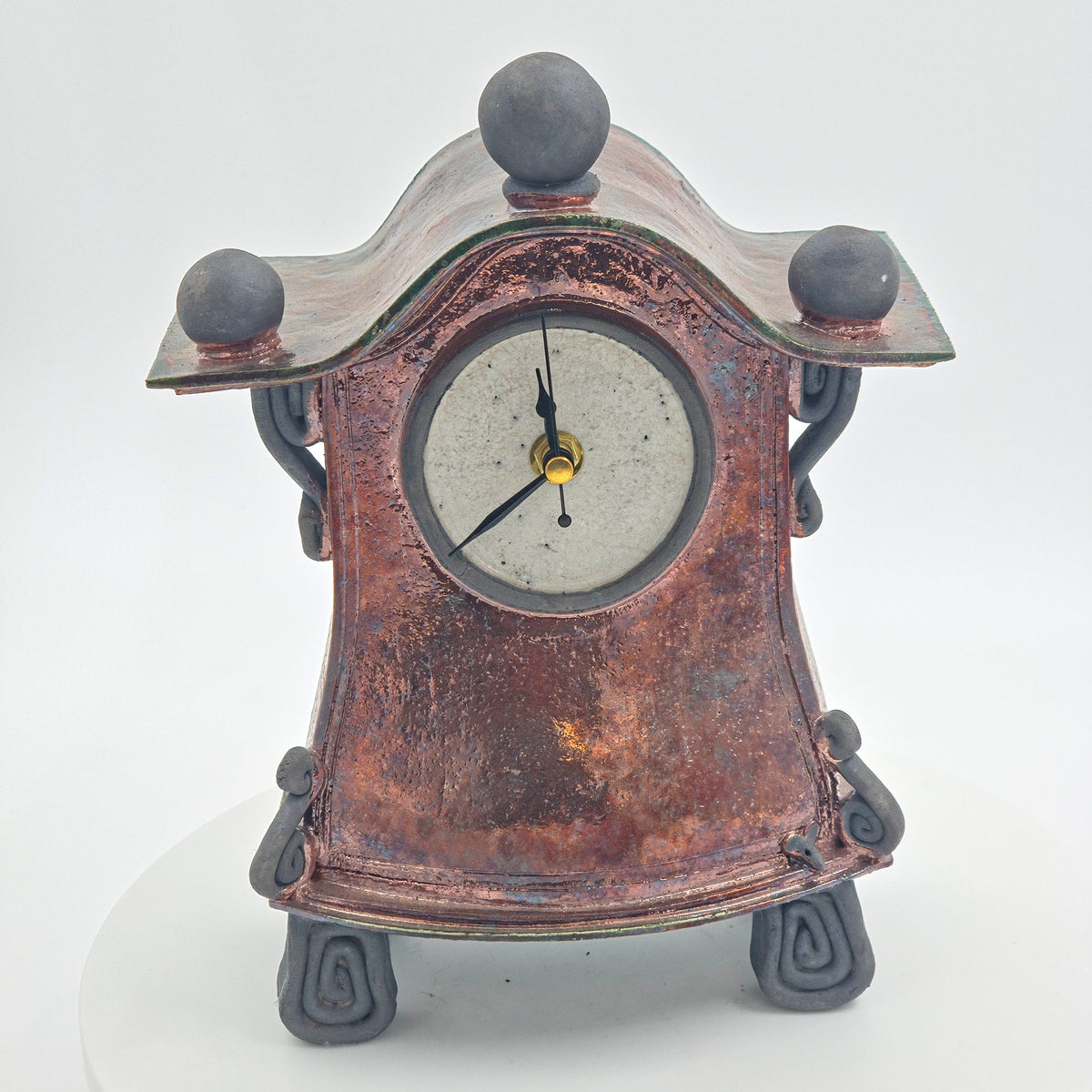 Copper A raku clock — mouse on the right, view 2