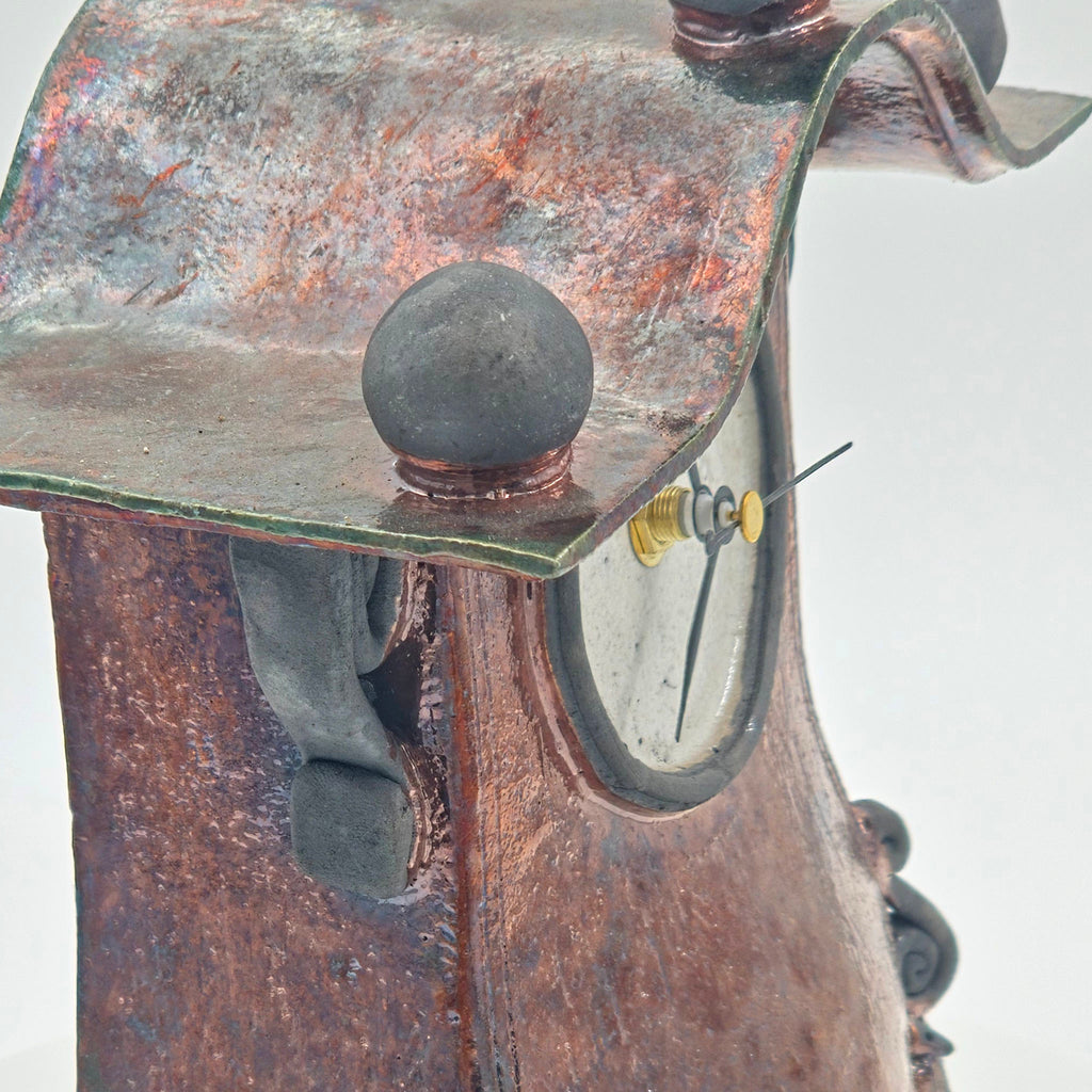 Copper A raku clock — mouse on the right, view 3