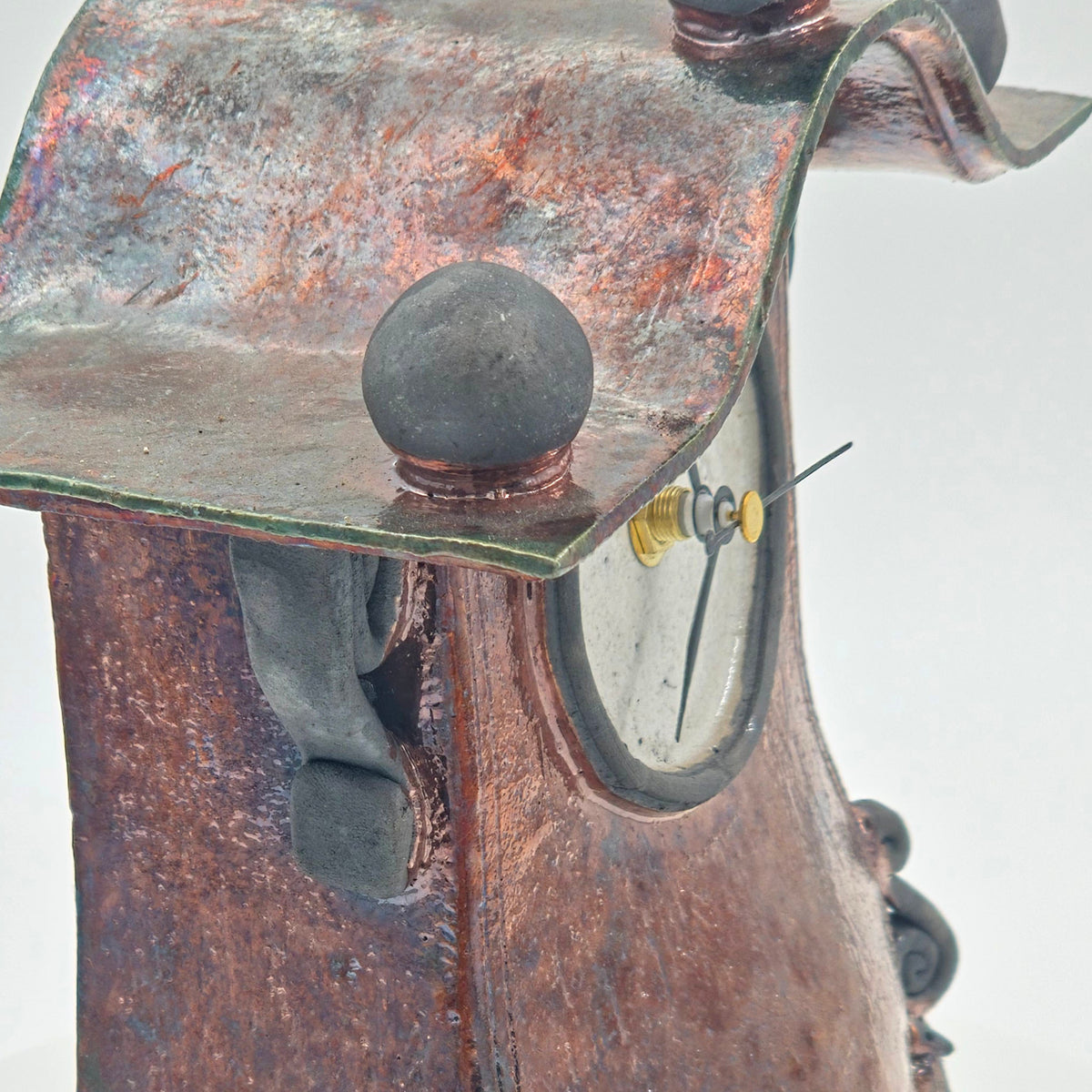 Copper A raku clock — mouse on the right, view 3