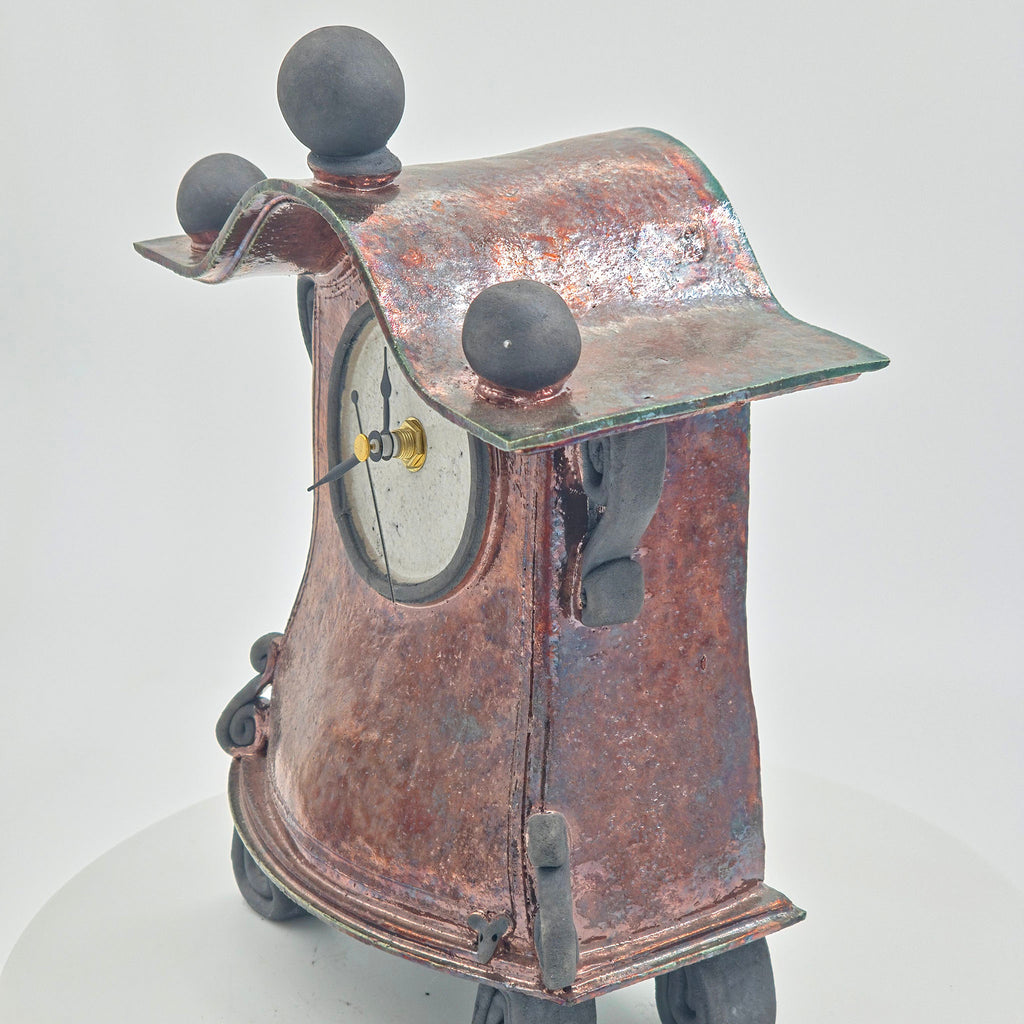 Copper A raku clock — mouse on the right, view 4