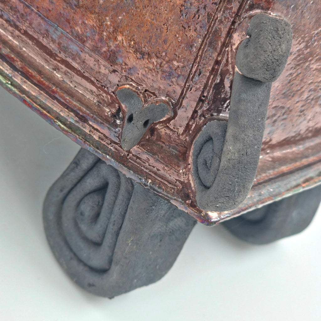Copper A raku clock — mouse on the right, view 5