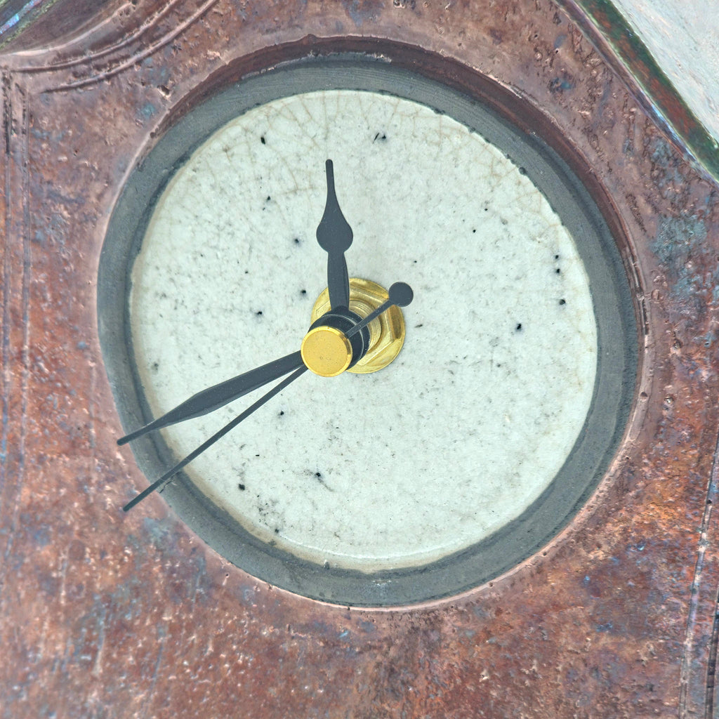Copper A raku clock — mouse on the right, view 6