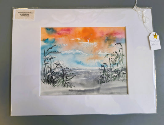 Jane Warwick - Sunset Colours, Original Mounted pen, Ink and Watercolour