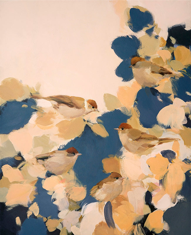 Blackcaps in Blue by Heidi Langridge – artwork detail, frame not shown
