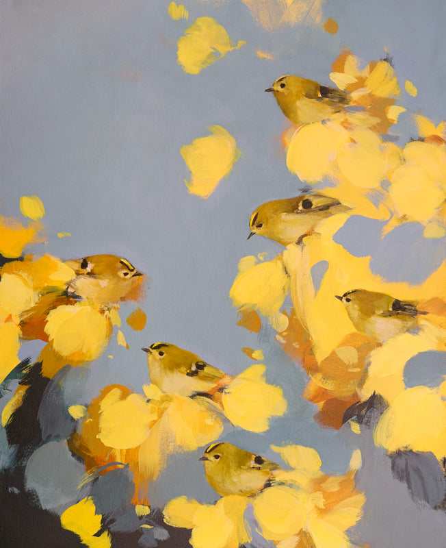 Goldcrests in Yellow and Grey by Heidi Langridge – artwork detail, frame not shown